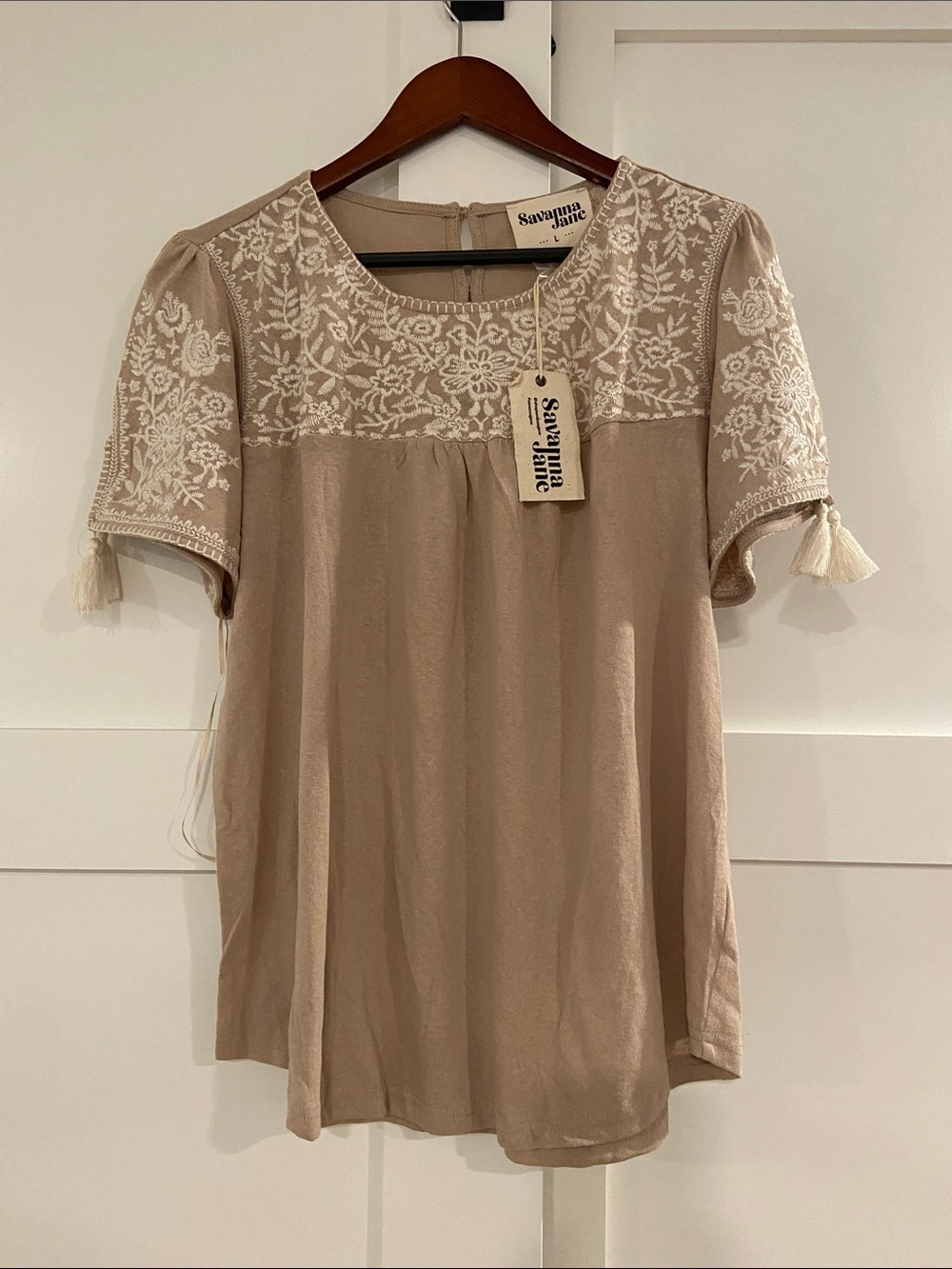 Savanna Jane Beige Embroidered Tassel Short Sleeve Top